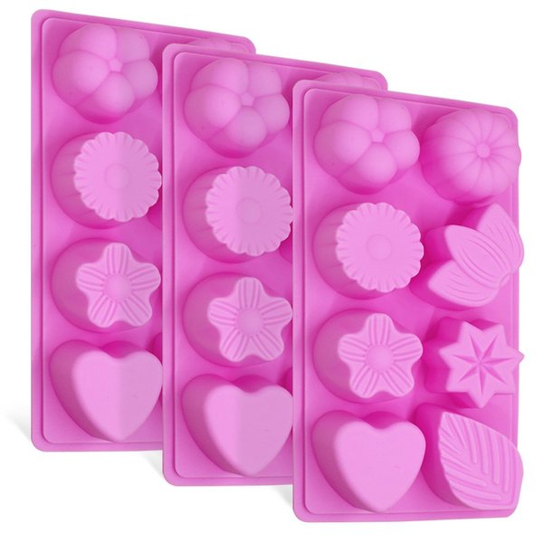 3 Pcs Floral Leaf Silicone Molds, FineGood 8-Cavity Cake Chocolate Pudding Jelly Soap Muffin Trays for Kitchen Baking Decoration - Pink