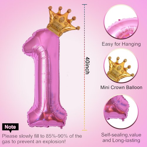 40 Inch Hot Pink Number 1 & Mini Crown Balloon for Birthday Party Decorations, 1st Birthday Party Decorations, Baby Shower Anniversary Balloons Decorations Supplies