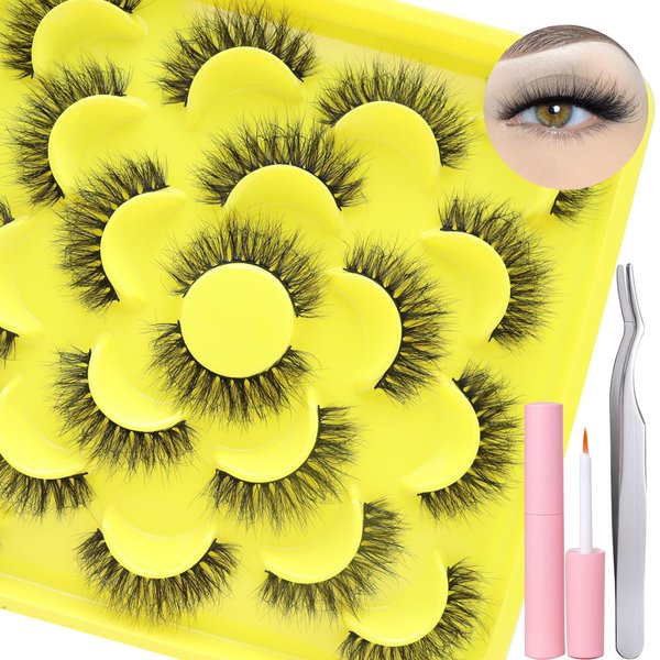 False Eyelash Kit with Lash Glue and Tweezers Mink Lashes Fluffy 15mm Wispy Fake Lashes Natural Look Soft Handmade Reusable Eyelashes Pack For Women Daily Wear By DAODER(Fluffy Lashes 21)