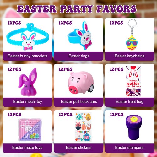 108 Pcs Easter Party Favors for Boy Girl Easter Assorted Toys Bulk Easter Bunny Bracelets Stickers Stampers Keychains Easter Basket Stuffers Fillers Gifts for Easter Classroom Exchange Prizes Supplies