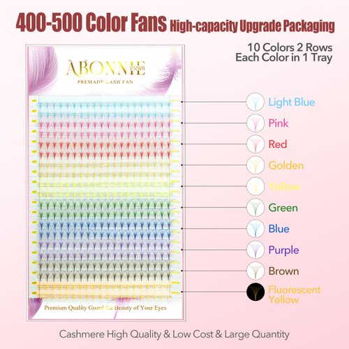 ABONNIE Colored Lash Extensions, 400 pcs Mix Color Premade Fans Eyelash Extension,6D 12mm Promade Eyelash Fans, C Curl Lash Extension, Premade Lash Fans Cashmere Colored Lash Extension(6D 0.07-C 12mm)
