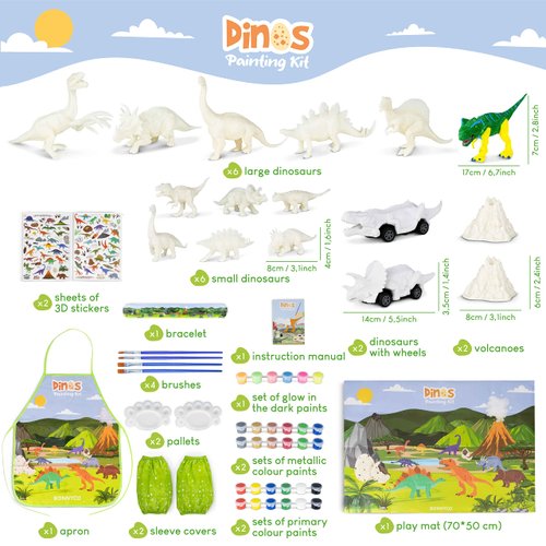 BONNYCO Dinosaur Toys for Kids Painting Kit 16 Figurines Kids Crafts Kits with Glow in The Dark, Toys & Gifts for Boys | Kids Toys 3 4 5 6 7 8 9 10 Years Old Gifts for Kids Birthday, Christmas