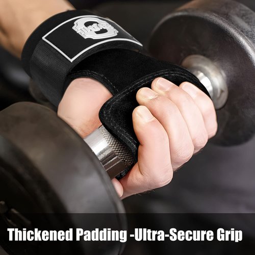 Weight Lifting Wrist Straps, Double Layer Leather Hand Grip Deadlift Straps with Padded Wrist Support for Weightlifting and Workout Adjustable Neoprene Gym Accessories Hooks for Men and Women (Pair)