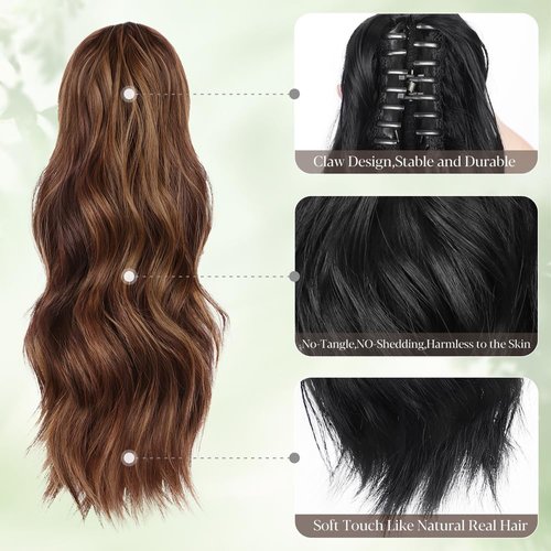 ALXNAN Ponytail Extension,16 Inch Claw Ponytail Hair Extensions for Women，Claw Clip in Long Wavy Synthetic Deep Brown with Dirty Blonde Ponytail Extension for Daily Use.