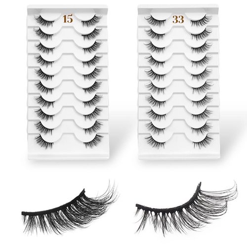 CB Value Pack 20 Pairs/ 2 Trays 3D Fluffy Half Lash Strip, 3/4 Length Cat-Eye False Eyelashes, Black Band Natural Look Wispy Soft Strip Lashes, Multiple Styles, 15 & 33