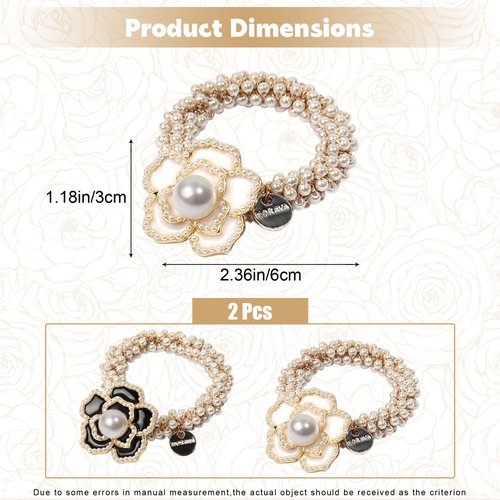 2-Pack Pearl Hair Scrunchies, Elastic Hair Rope Ponytail Holder with Floral Decor, Fancy Hair Ties for Women Girls Wedding Bridal Pearl Scrunchie with Black White Flower