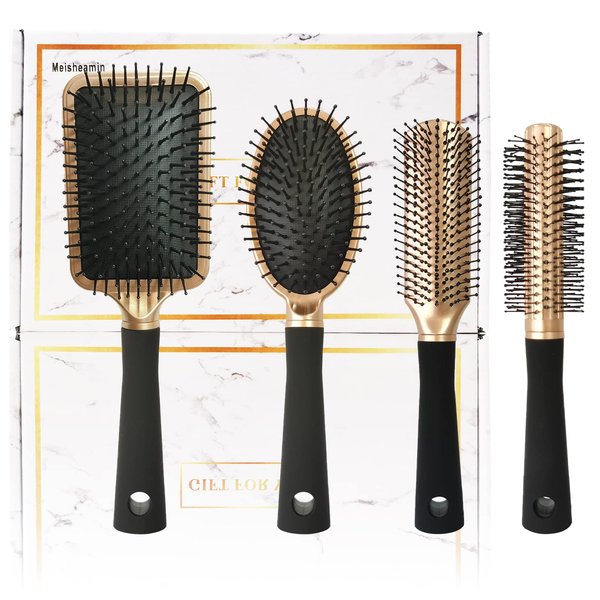 4 Pcs Hair Brush Set,Professional Styling Hair Brush for Men Women ,Flexible Soft Pin Bristles for Long Thick Curly Wavy Dry Damaged Hair Gold