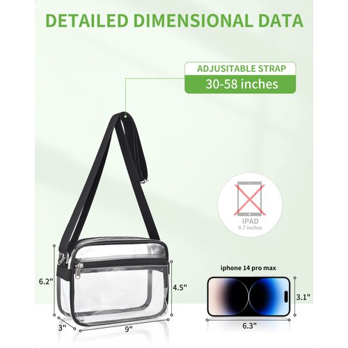 MAY TREE Clear Crossbody Bag Stadium Approved for Women, Small Thickened Clear Purse for Work Festival Travel Concert Outfits and Sporting Events - Black