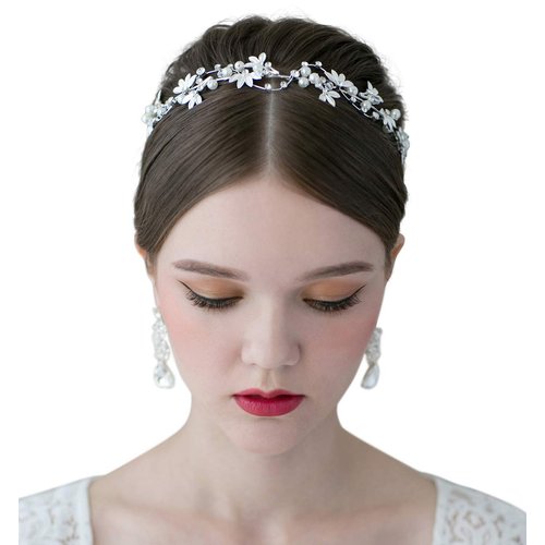 SWEETV Bridal Pearl Headband Silver-Leaf Crystal Bridal Headpiece Wedding Hair Accessories Jewelry Tiara for Women, Diameter: 14.5 cm