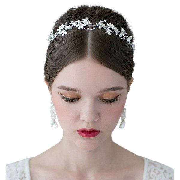 SWEETV Bridal Pearl Headband Silver-Leaf Crystal Bridal Headpiece Wedding Hair Accessories Jewelry Tiara for Women, Diameter: 14.5 cm