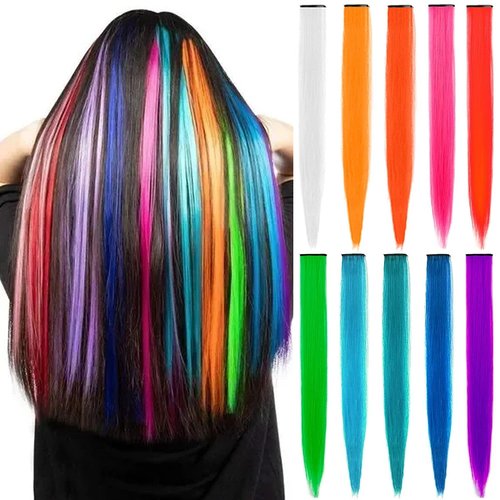 LADYAMZ Colorful Hair Extensions 10 PCS, Colored Clip in Synthetic Hair Extensions Party Highlights, Rainbow Fake Hair Clips Hairpieces for Christmas Girls Women Kids Gift Hair Pieces Party (22 Inch)