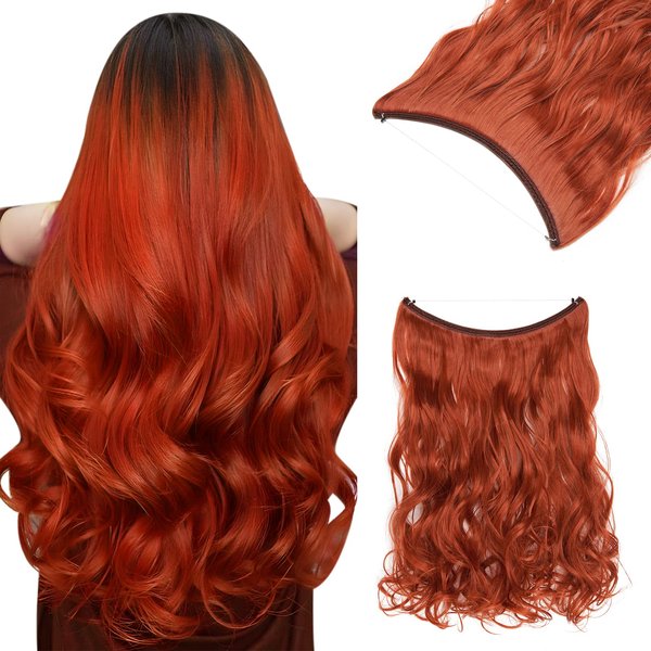 Benehair Invisible Secret Hidden Wire Clip in Hair Extensions 20-24 Inches Long Straight Wavy Curly Synthetic Hairpieces Miracle Translucent Fish Line 20 Inch Wavy Brownish orange