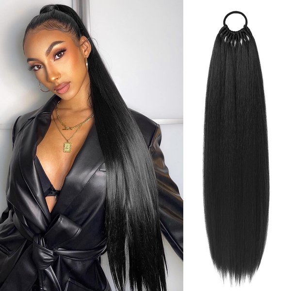 LONAI Ponytail Extensions, Versatile Elastic Band Brown Ponytail Extension for Women, 32" Long Straight Soft Natural Synthetic Pony Tails-Chocolate Brown