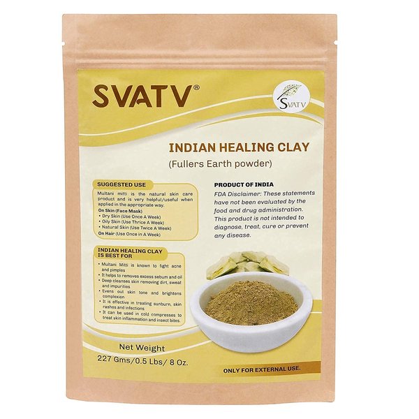 SVATV Fuller's Earth Powder | Multani Mitti | Indian Healing Clay | Deep Skin Pore Purifying Face Mask Skin Care & Dirt Remover - Natural Face Pack 227g Half Pound