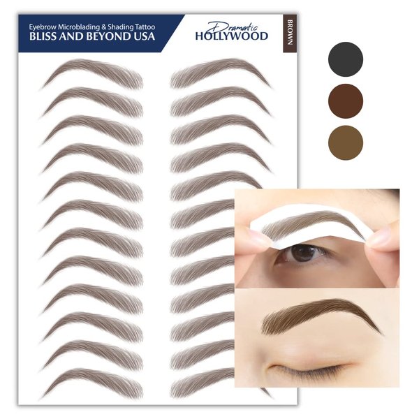 Bliss and Beyond USA | Waterproof Eyebrow Tattoo Stickers. A real hair stroke look. Hair replacement without surgery. Solution for hair loss. Bushy Tinted eyebrow tattoos. (Dramatic Hollywood, Brown)