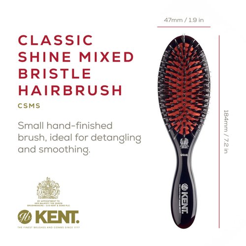 Kent CSMS Classic Shine Small Oval Cushion Straightening Brush - Natural Black Boar Bristle Hair Brush with Nylon Quills - Shine Hair Brush and Scalp Scrubber for Short to Shoulder Length Hair