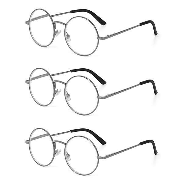 EYE ZOOM 3 Pack Metal Frame Round Reading Glasses with Spring Hinge (Gunmetal, +1.75 Strength)