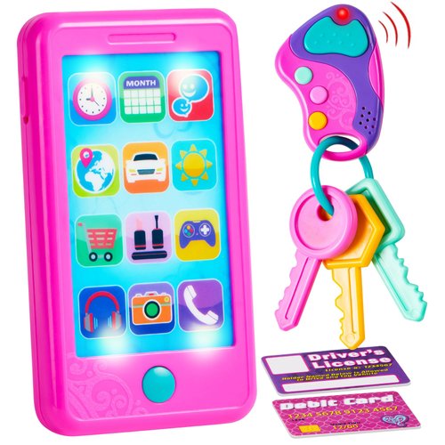 JOYIN Pretend Play Smart Phone, Keyfob Key Toy and Credit Cards Set, Kids Toddler Cellphone Toys, Toddler Birthday Gifts Toys for 1 2 3 4 5 Year Old, Kids Presents Toys