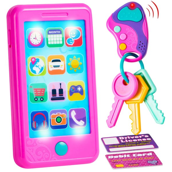 JOYIN Pretend Play Smart Phone, Keyfob Key Toy and Credit Cards Set, Kids Toddler Cellphone Toys, Toddler Birthday Gifts Toys for 1 2 3 4 5 Year Old, Kids Presents Toys