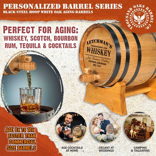 Thousand Oaks Barrel Co. Personalized 1 Liter Oak Aging Barrel Dispenser with Wood Stand, Bung & Spigot - Age Cocktails, Bourbon, Whisky, Rum, Tequila, Mead Wine - 1L Mini Whiskey Aging Barrels (P5)