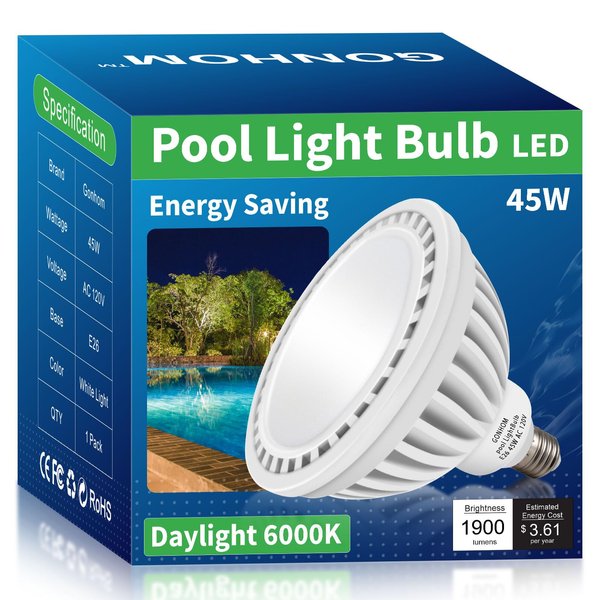 Gonhom LED Pool Light Bulb,E26 Base 120V Daylight White 6000K Pool Lights, 45W LED Swimming Pool Light Bulb Replaces Up to 200-600W Traditionnal Bulb,Non Dimmable