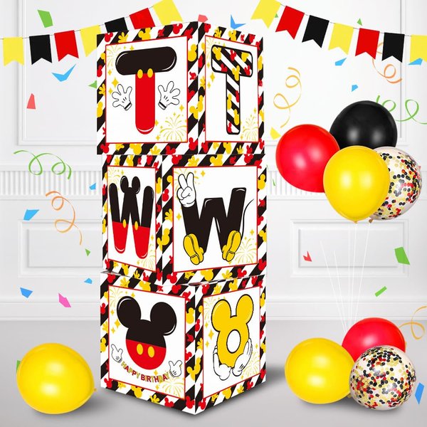 TONIFUL Mouse 2nd Birthday Party Supplies Red Yellow Black Balloon Box with Letters, Red Mouse Theme TWO Years Old Birthday Party Favors for First Birthday Decoration