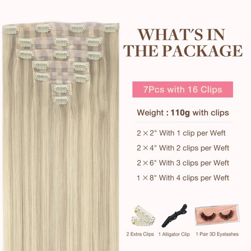 GOO GOO Clip in Hair Extensions Real Human Hair, 14inch 110g 7Pcs, 17A/60A Ash Blonde Highlighted Platinum Blonde, Remy Human Hair Extensions Clip ins for Women, Natural Human Hair