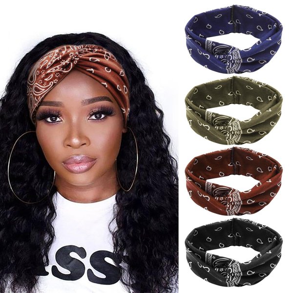 DRESHOW 4 Pack Boho Cotton Non-Slip Headbands for Women Girls Yoga Workout Running Knotted Turban Floral Elastic Head Wrap