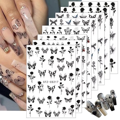 8 Sheets White Black Butterfly Nail Stickers Rose Flower Mix Pattern 3D Self-Adhesive Nail Decals Black Flower Design Summer Nails Art Supplies for Women DIY Nails Accessories Manicure Decorations