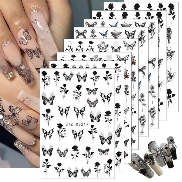 8 Sheets White Black Butterfly Nail Stickers Rose Flower Mix Pattern 3D Self-Adhesive Nail Decals Black Flower Design Summer Nails Art Supplies for Women DIY Nails Accessories Manicure Decorations