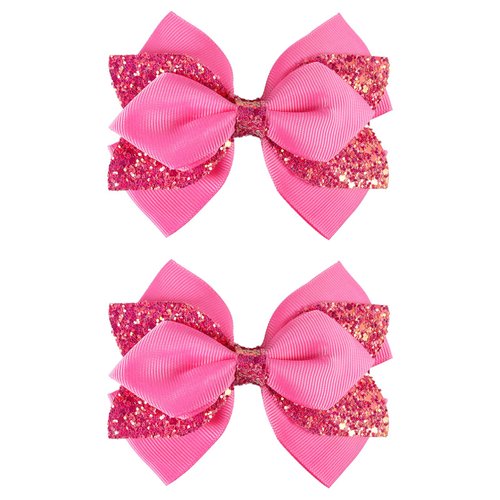 Glitter Hot Pink Hair Bow Clips 4inch Shiny Sequin Bowknot Alligator Barrettes Pins for Toddler Teens Cheerleader Girls Kids Birthday Wedding Party Decor Accessory Back School Valentines Gift