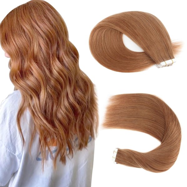 Sassina Semi-permanent Tape in Human Hair Extensions 20pcs 50g Silky Straight Human Hair Extensions Light Auburn Color Invisible Seamless Reusable Tape in Hair Extensions 30# 20 Inch