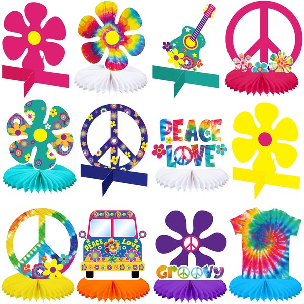 12 Pieces Tie Dye Party Honeycomb Centerpieces Hippie Tie Dye Party Table Topper Honeycomb Stand Hippy Retro Flower Cutout Peace Sign for 60's 70's Hippie Theme Party Decorations