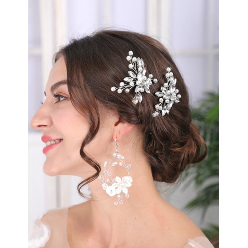 Teyglen 2pcs Crystal Pearl Bridal Hair Pins Silver Rhinestone Wedding Hair Pieces Wedding Party Prom Hair Pins Hair Accessories for Women Girls