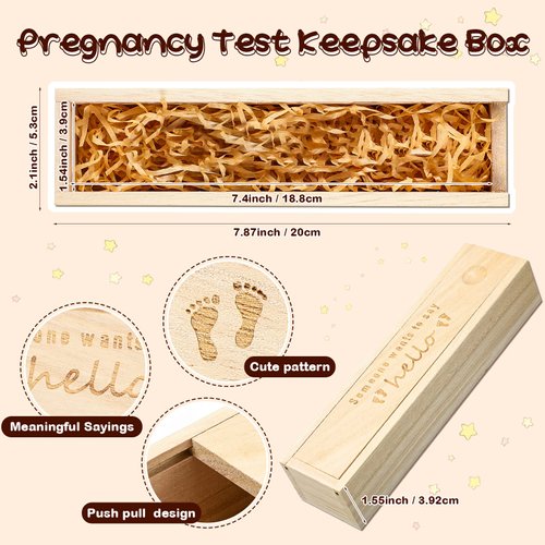 Qunclay Pregnancy Test Keepsake Box, Surprise Pregnancy Announcement Gifts for Grandparents Dad and Husband, Wooden Baby Memory Souvenir Collection Box with Raffia Ribbon Crafts for Boys and Girls
