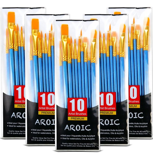 Acrylic Paint Brush Set, 5 Packs / 50 pcs Nylon Hair Brushes for All Purpose Oil Watercolor Painting Artist Professional Kits