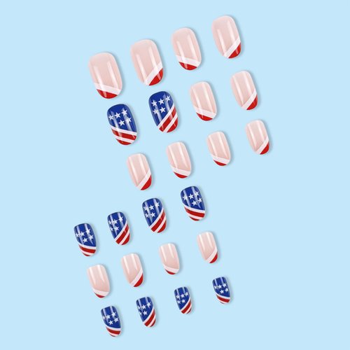 4th of July Press on Nails Short Almond Shape Fake Nails Independence Day Glue on Nails Glossy Red White French Tip Full Cover False Nails Star American Flag Artificial Nails for women Girls 24Pcs