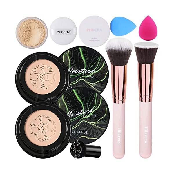 Mushroom Head Air Cushion CC Cream Natural Foundation,Phoera Powder, Bright Makeup Base Long Lasting with Makeup Sponge and Flat Top Kabuki Foundation Brush (# 02 Natural)