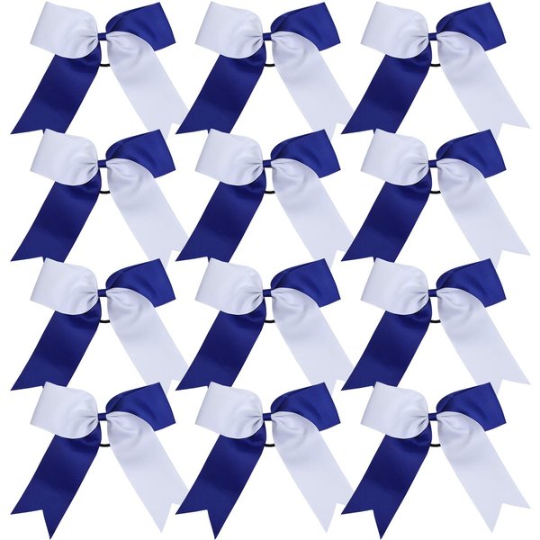 Cheerleading Bow Jumbo Cheer Bows 12 Pcs 7 Inch Ponytail Holder Cheerleader Bows Hair Tie (Royal Blue/White)