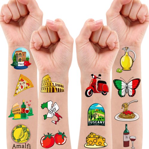 118 PCS Italian Italy Rome Temporary Tattoos Themed Birthday Party Decorations Supplies Favors Décor Cute Flag Inspiring Tattoo Stickers Gifts For Game Boys Girls Classroom School Prizes Reward