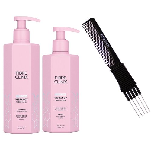 Sleekshop Sleek Premium Carbon Teasing Comb + Schwarzkapf FIBRE CLINIX Vibrancy Shampoo & Conditioner Tribond Technology for Colored Hair Repair Duo Set Kit, Rescue Sealed Ends