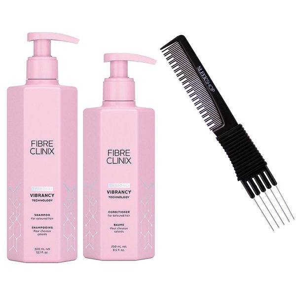 Sleekshop Sleek Premium Carbon Teasing Comb + Schwarzkapf FIBRE CLINIX Vibrancy Shampoo & Conditioner Tribond Technology for Colored Hair Repair Duo Set Kit, Rescue Sealed Ends