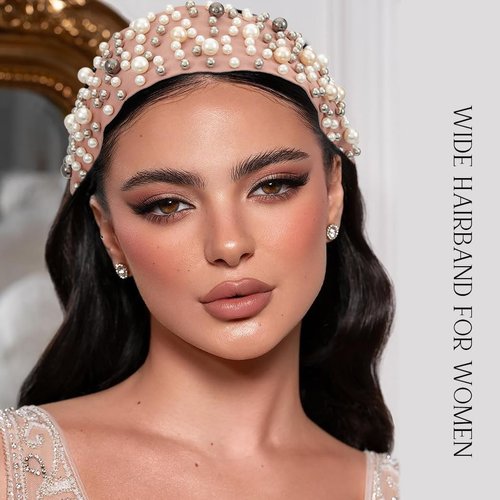 Yovic Pearl Beaded Headbands Pink Wide Hairbands Pearls Bead Headband Dainty Headpiece Hair Accessories for Women 1PCS (Pink)