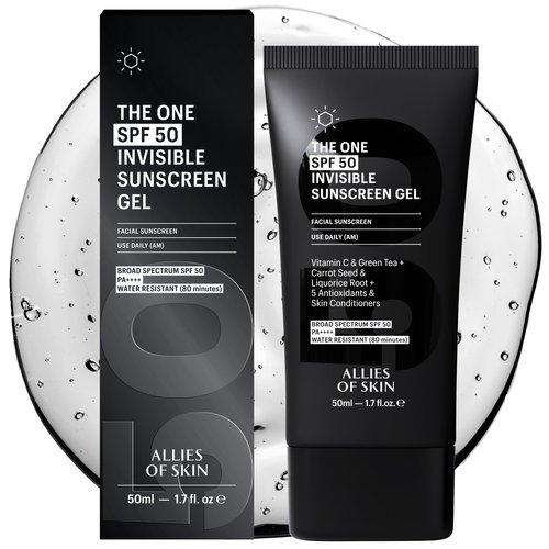Allies of Skin - The One SPF 50 Invisible Sunscreen Gel with Vitamin C, Green Tea, Carrot Seed, Red Raspberry Seed Oil & Licorice Root, and 5 Antioxidants & Skin Conditioners. 50 ml/ 1.7 oz