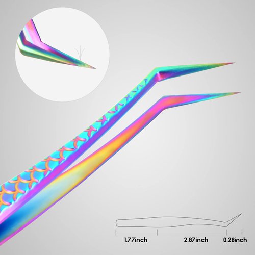 FEITA Diamond Grip Eyelash Extensions Tweezer Lash Precision Tweezers, Japanese Steel Dolphin-shaped & Angled Tip, False Lashes Application Tools, Multi-color 2Pcs