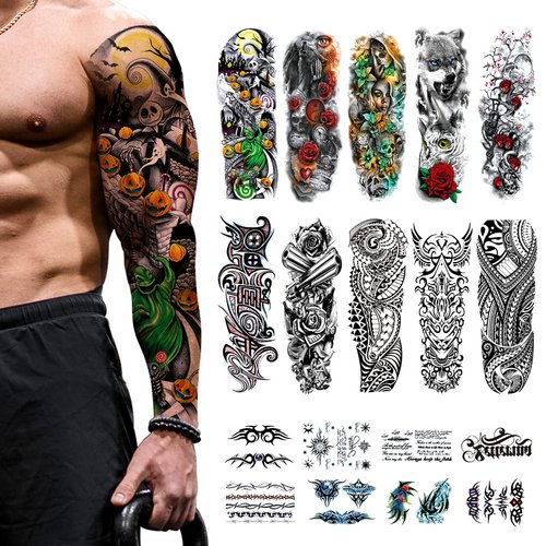 18 Sheets Temporary Tattoos, CAYUDEN Waterproof Black & Colorful 10 Sheet Full Arm Tattoo Stickers + 8 Sheet Half Arm Fake Tattoos Temporary Tattoos Sleeves Men Woman with Wolves Rose Gun Tattoo Kit