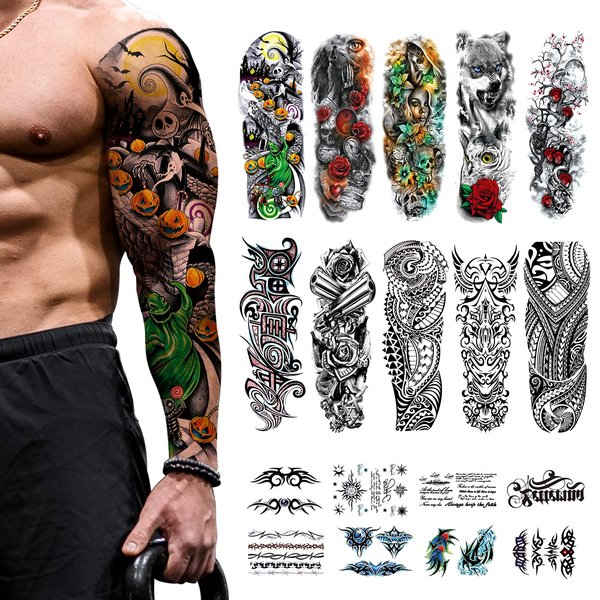 18 Sheets Temporary Tattoos, CAYUDEN Waterproof Black & Colorful 10 Sheet Full Arm Tattoo Stickers + 8 Sheet Half Arm Fake Tattoos Temporary Tattoos Sleeves Men Woman with Wolves Rose Gun Tattoo Kit