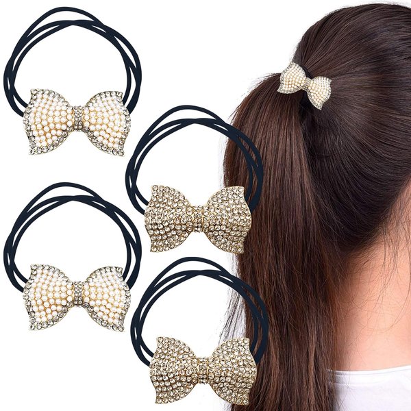 4 PACK Sparkly Rhinestone Bow Hair Ties Pearl Ponytail Holder Headband Bling Hair Bands Hair Clip Barrettes Glitter Elastics Scrunchies Fancy Hair Ties Hair Accessories for Women Girls