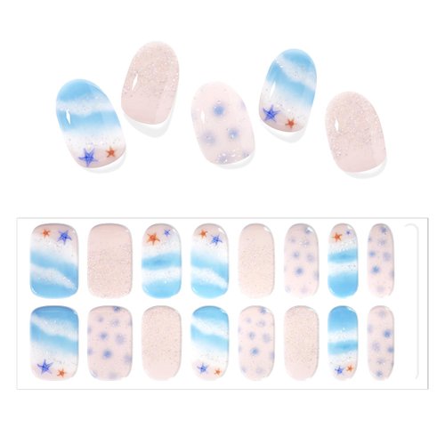 SILPECWEE Semi Cured Gel Nail Strips (Leisure Beach - 16 PCS), French, Rainbow Gel Nails Stickers Full Nail Wraps Need UV Light, Salon Quality & Easy to Use - with Prep Pads, Files, Wood Stick