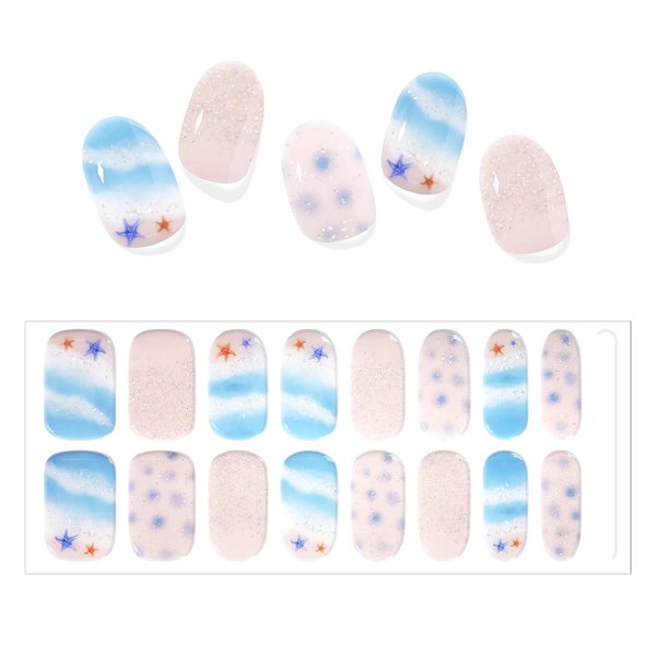 SILPECWEE Semi Cured Gel Nail Strips (Leisure Beach - 16 PCS), French, Rainbow Gel Nails Stickers Full Nail Wraps Need UV Light, Salon Quality & Easy to Use - with Prep Pads, Files, Wood Stick